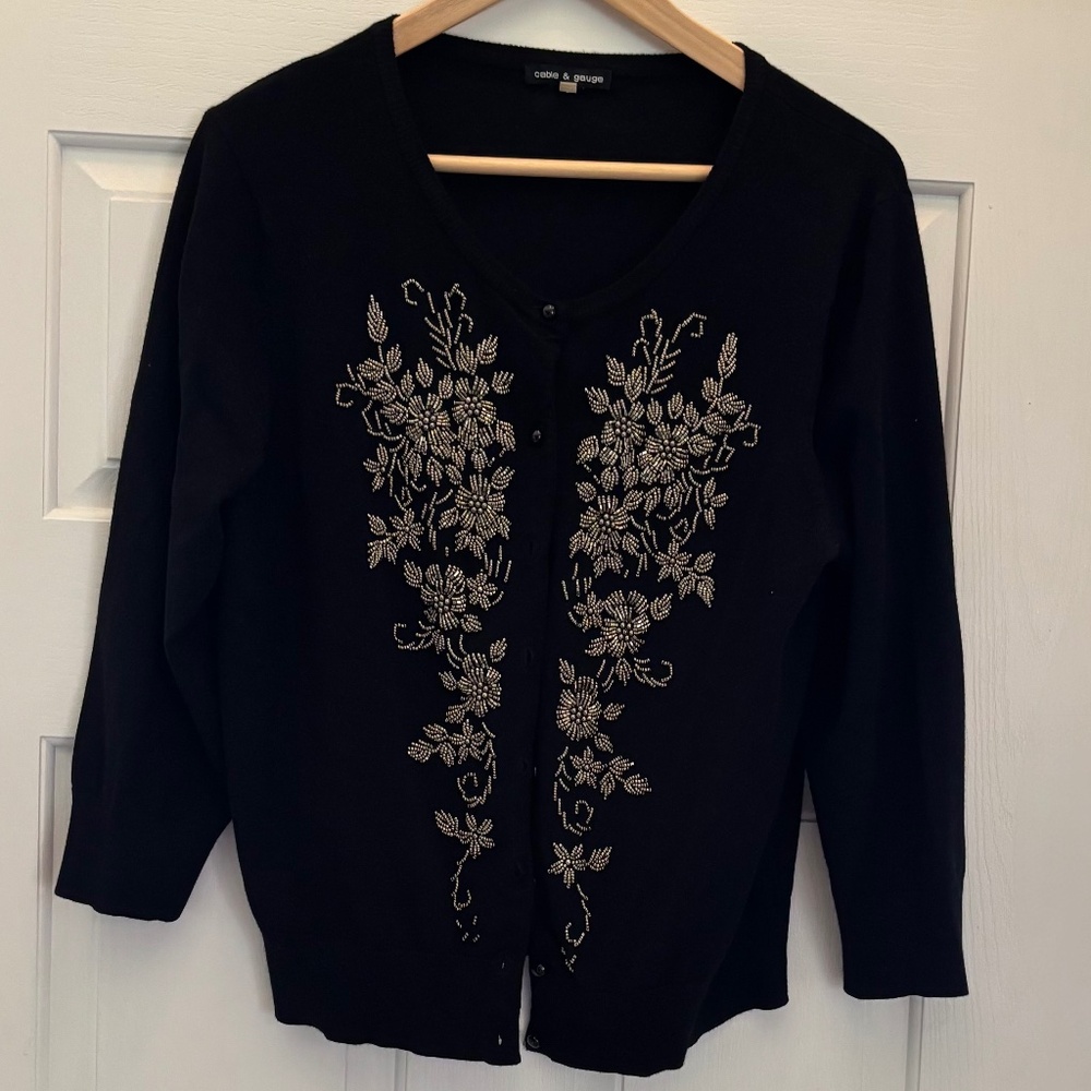 Cable & Gauge Plus Size 1X Black Sequin Beaded Cardigan Sweater